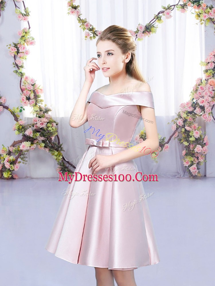 Attractive Baby Pink A-line Bowknot Bridesmaids Dress Lace Up Satin Sleeveless Mini Length
