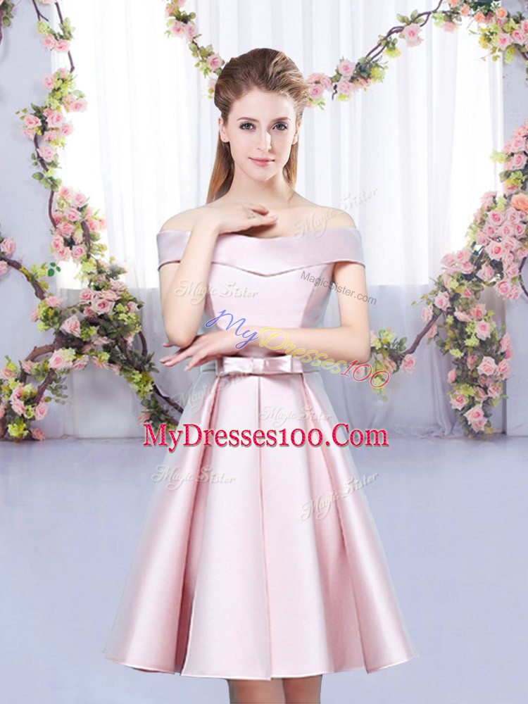 Attractive Baby Pink A-line Bowknot Bridesmaids Dress Lace Up Satin Sleeveless Mini Length
