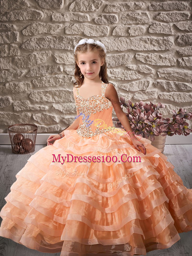 Lovely Orange Sleeveless Organza Brush Train Lace Up Pageant Dress for Girls for Party and Sweet 16 and Wedding Party