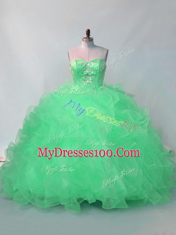 Sleeveless Organza Floor Length Lace Up 15th Birthday Dress in Green with Beading and Ruffles