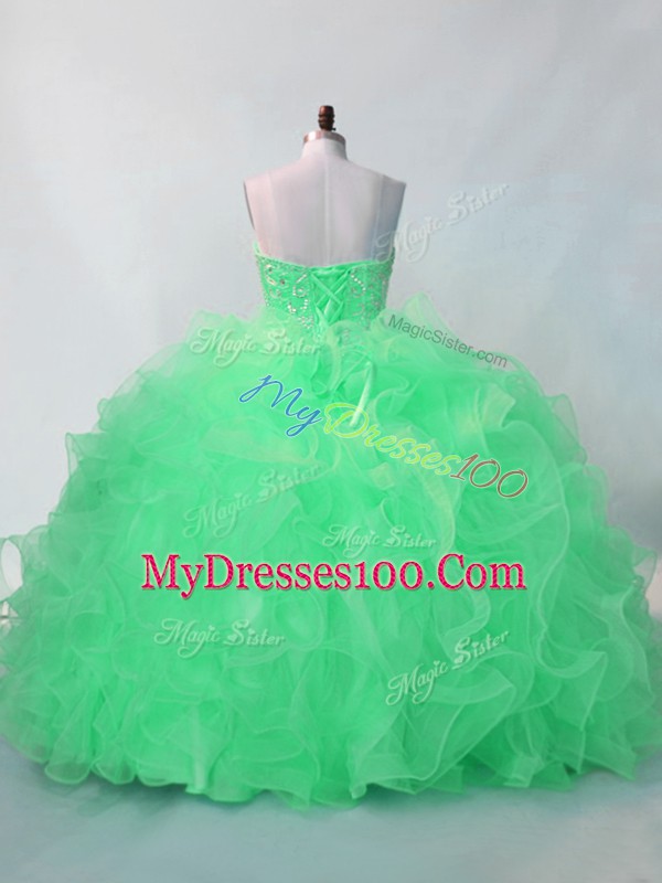 Sleeveless Organza Floor Length Lace Up 15th Birthday Dress in Green with Beading and Ruffles