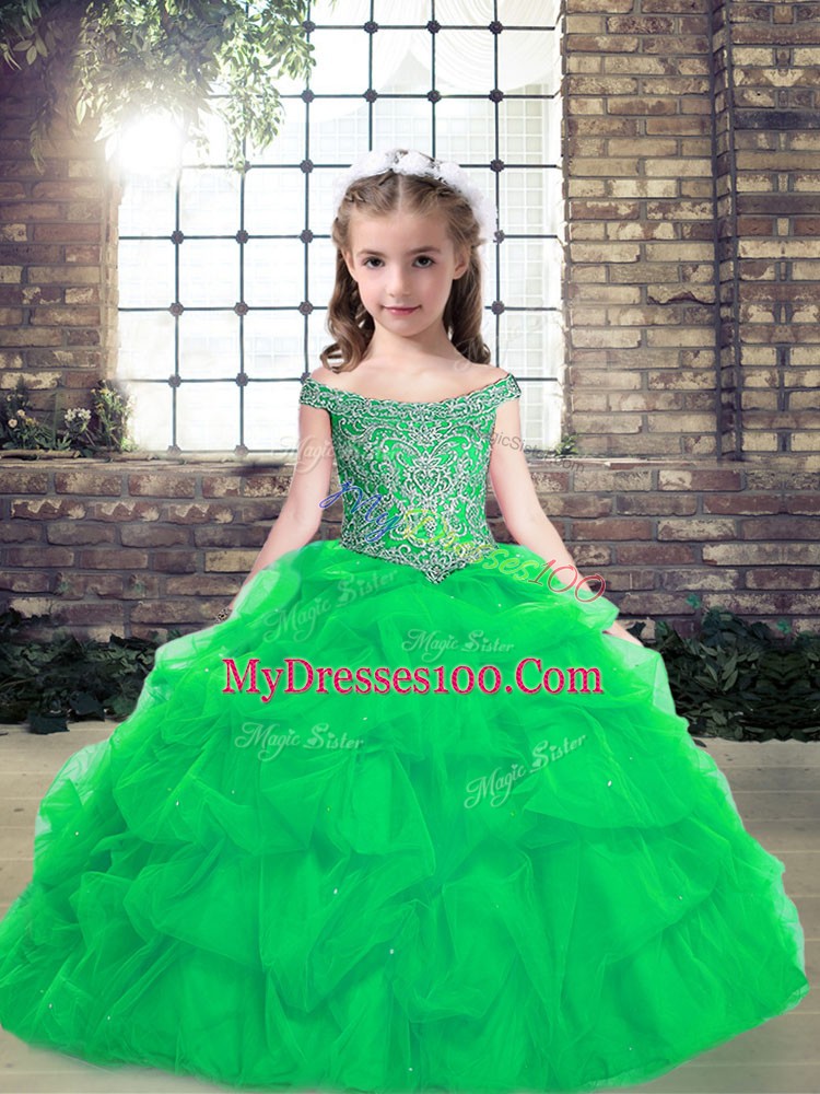 Simple Floor Length Turquoise Little Girl Pageant Dress Off The Shoulder Sleeveless Lace Up