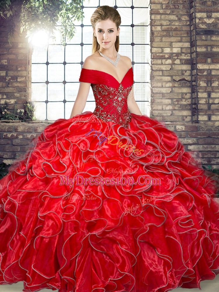 Off The Shoulder Sleeveless Ball Gown Prom Dress Floor Length Beading and Ruffles Red Organza