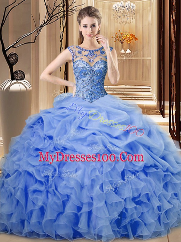 Lovely Blue Organza Lace Up Scoop Sleeveless Floor Length Quinceanera Dress Beading and Ruffles