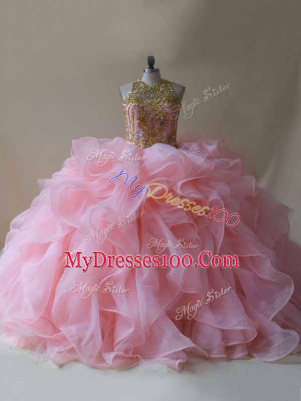 Brush Train Ball Gowns Quinceanera Dress Baby Pink Scoop Organza Sleeveless Backless