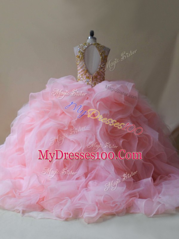 Brush Train Ball Gowns Quinceanera Dress Baby Pink Scoop Organza Sleeveless Backless