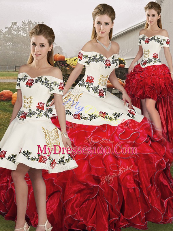 Sleeveless Floor Length Embroidery and Ruffles Lace Up Sweet 16 Dress with White And Red