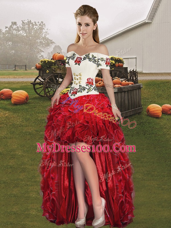 Sleeveless Floor Length Embroidery and Ruffles Lace Up Sweet 16 Dress with White And Red