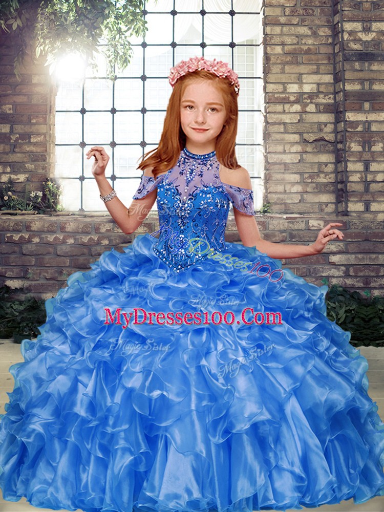 Organza Sleeveless Floor Length Little Girl Pageant Gowns and Beading and Ruffles