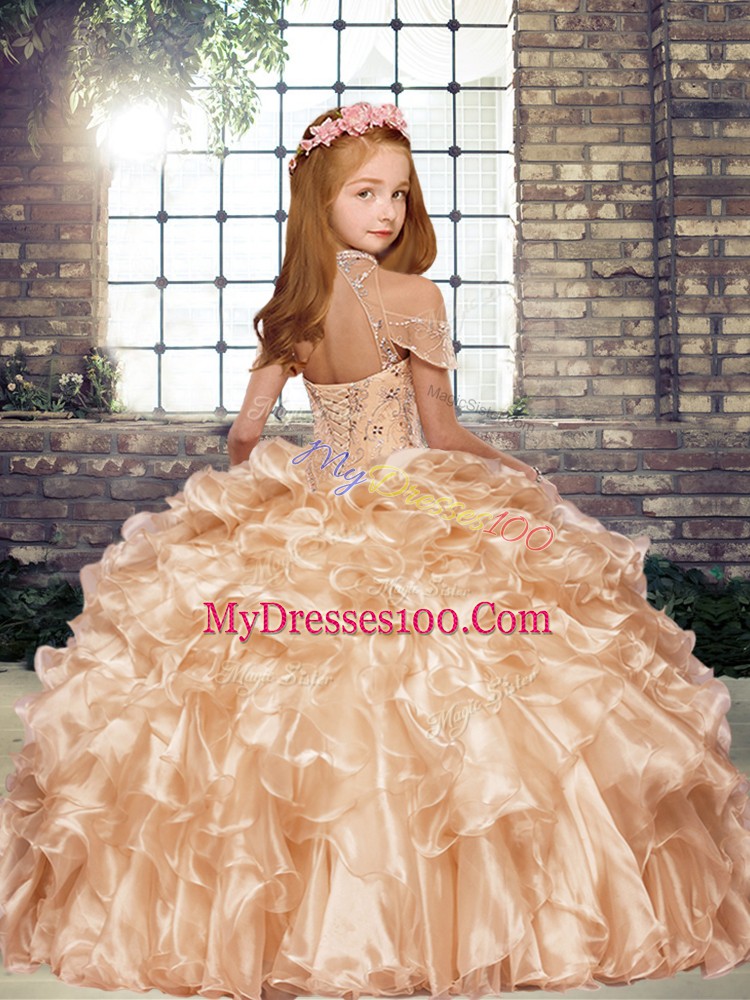 Organza Sleeveless Floor Length Little Girl Pageant Gowns and Beading and Ruffles