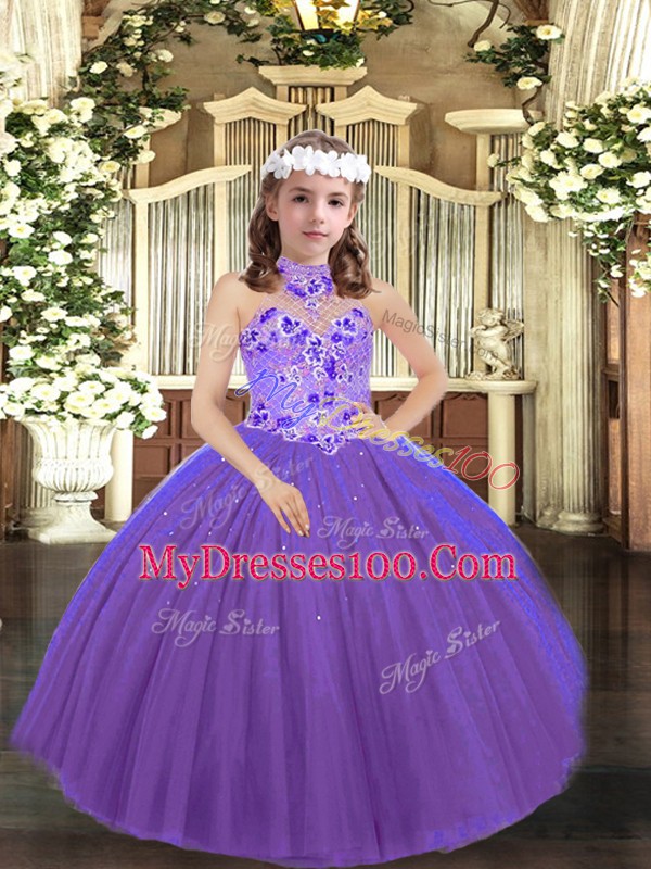 Halter Top Sleeveless Tulle Little Girl Pageant Dress Appliques Lace Up