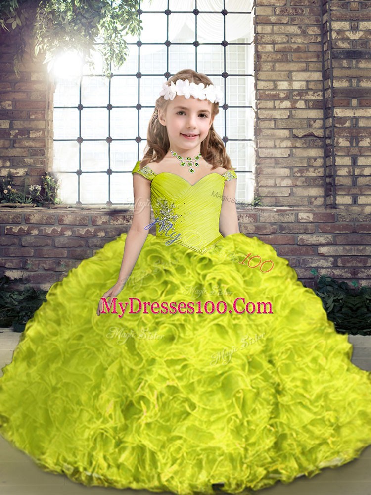 Yellow Green Ball Gowns Organza and Fabric With Rolling Flowers Straps Sleeveless Beading Floor Length Lace Up Girls Pageant Dresses