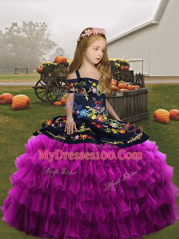 Fuchsia Sleeveless Floor Length Embroidery and Ruffled Layers Lace Up Pageant Dress Womens