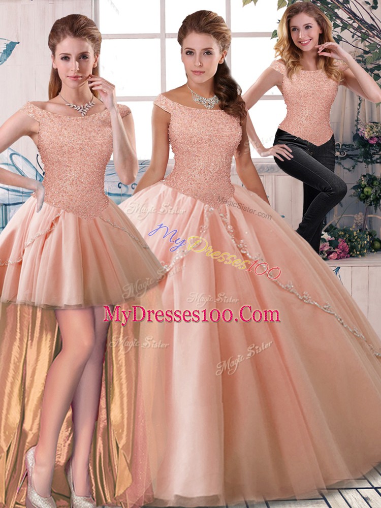 Perfect Peach Off The Shoulder Neckline Beading 15 Quinceanera Dress Sleeveless Lace Up