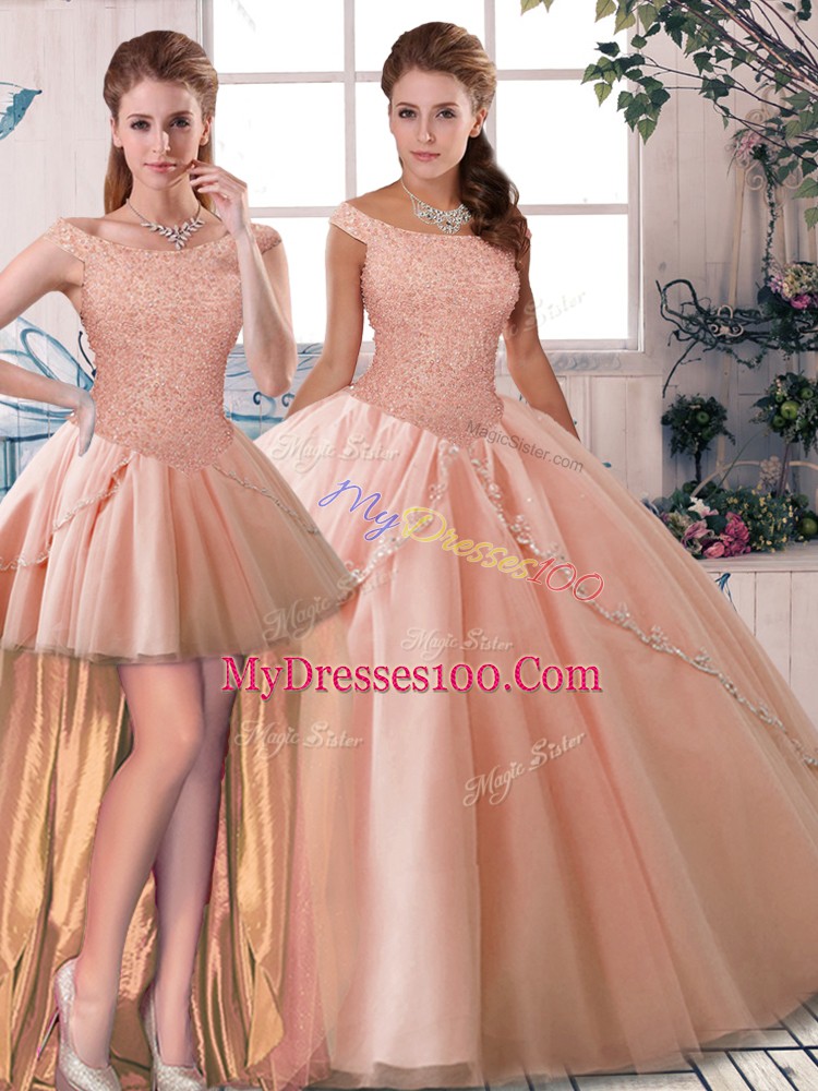 Perfect Peach Off The Shoulder Neckline Beading 15 Quinceanera Dress Sleeveless Lace Up