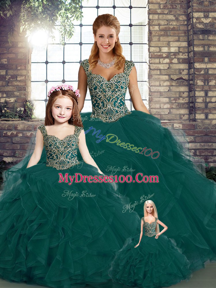 Peacock Green Ball Gowns Tulle Straps Sleeveless Beading and Ruffles Floor Length Lace Up Sweet 16 Dress