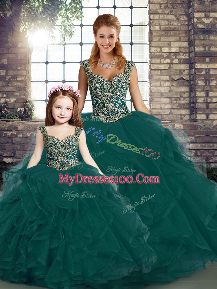 Peacock Green Ball Gowns Tulle Straps Sleeveless Beading and Ruffles Floor Length Lace Up Sweet 16 Dress
