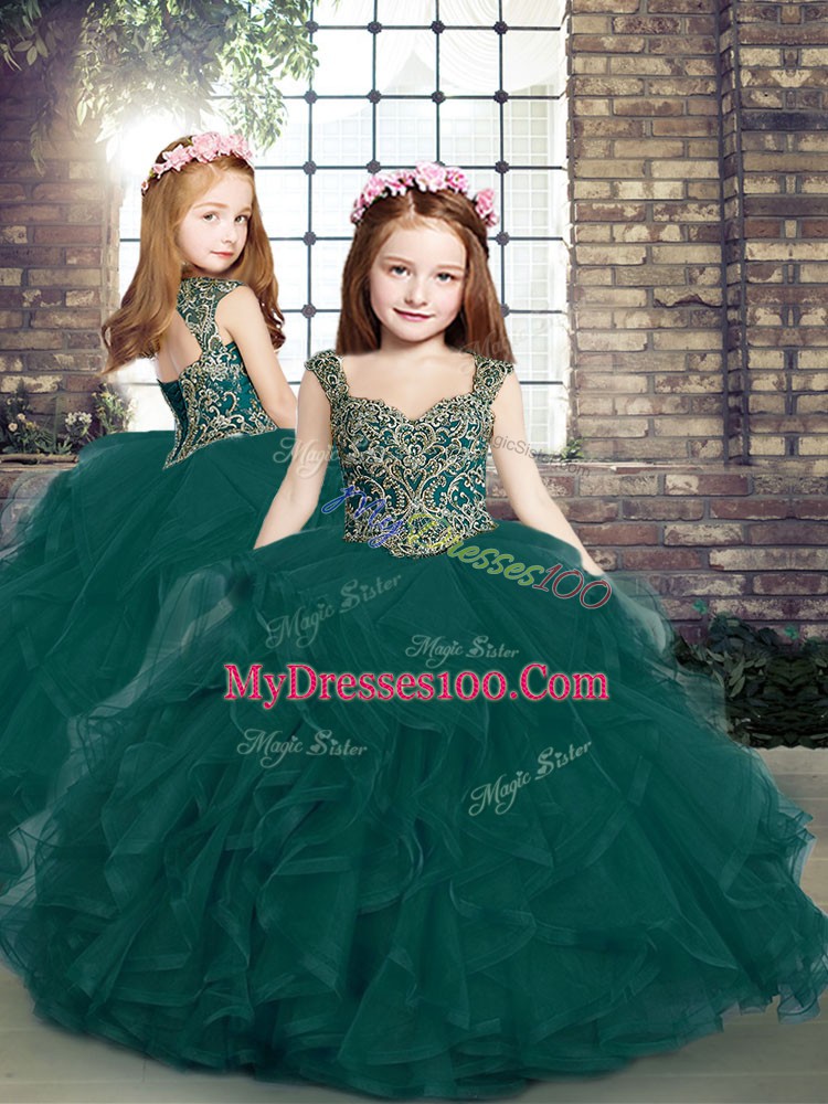 Peacock Green Ball Gowns Tulle Straps Sleeveless Beading and Ruffles Floor Length Lace Up Sweet 16 Dress