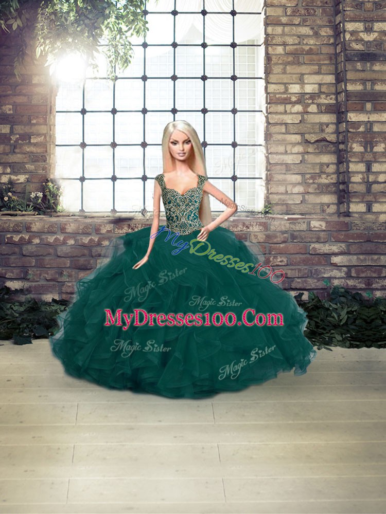 Peacock Green Ball Gowns Tulle Straps Sleeveless Beading and Ruffles Floor Length Lace Up Sweet 16 Dress