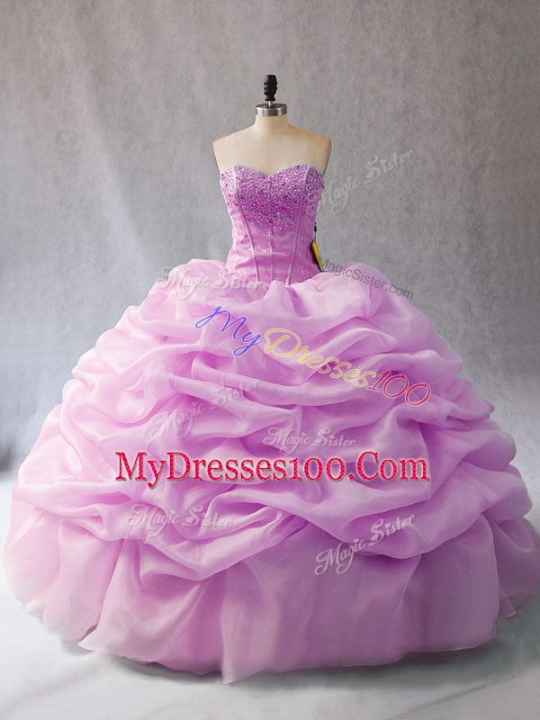 Floor Length Lilac Quinceanera Dress Organza Sleeveless Pick Ups