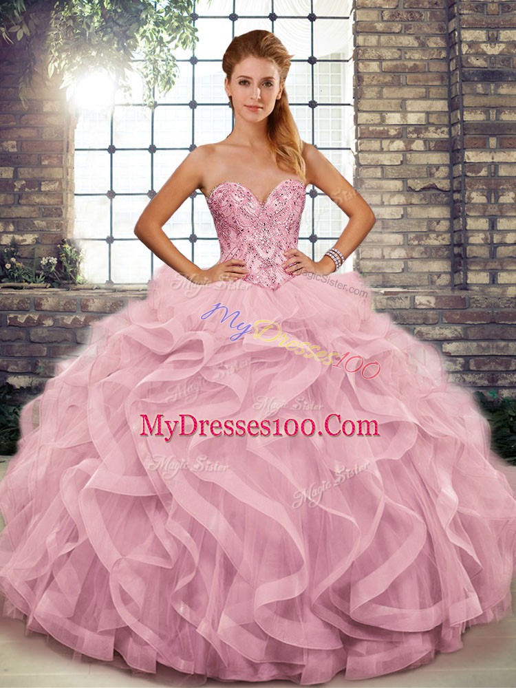 Pink Tulle Lace Up Sweetheart Sleeveless Floor Length 15th Birthday Dress Beading and Ruffles