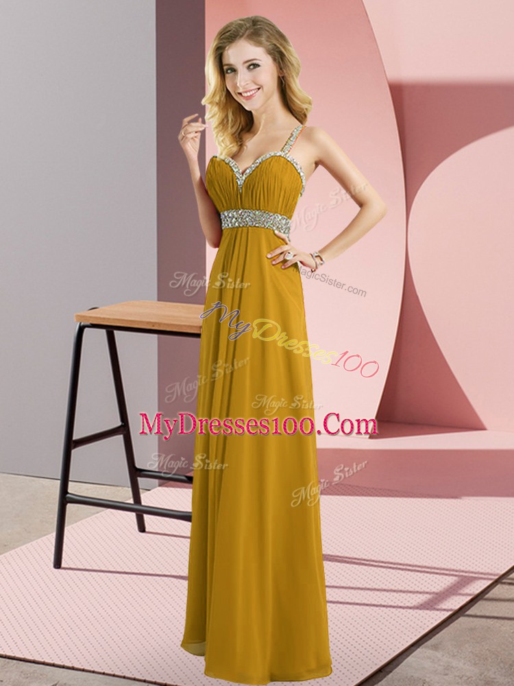 Comfortable Brown Sleeveless Chiffon Criss Cross Prom Evening Gown for Prom and Party