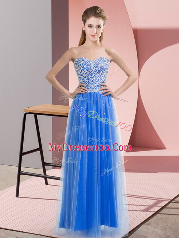 Delicate Empire Prom Dress Blue Sweetheart Tulle Sleeveless Floor Length Lace Up