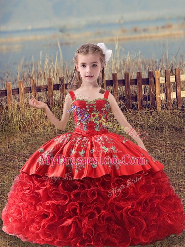 Excellent Red Fabric With Rolling Flowers Lace Up Straps Sleeveless Kids Pageant Dress Sweep Train Embroidery