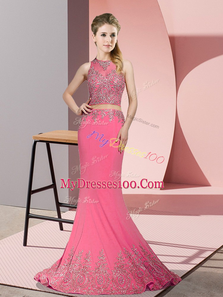 Fashion Sleeveless Beading and Appliques Zipper Prom Gown with Rose Pink Sweep Train