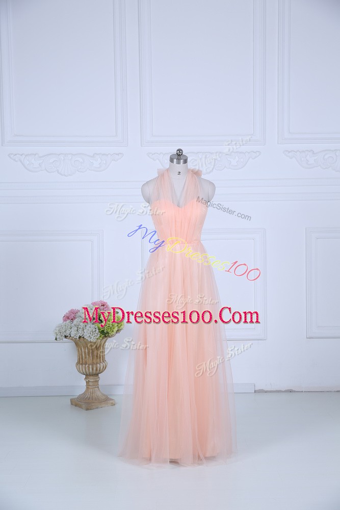 Fantastic Ruching Bridesmaid Dress Peach Zipper Sleeveless Floor Length