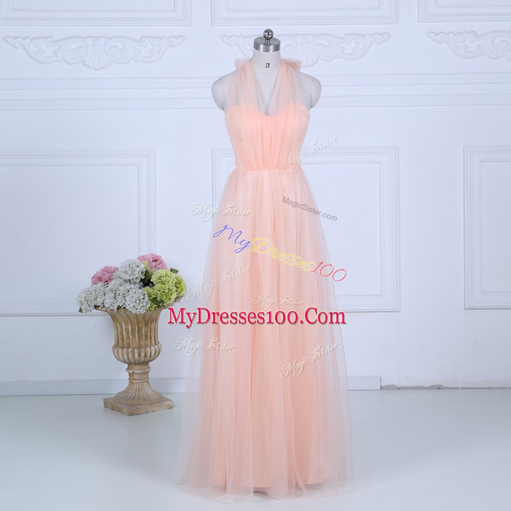 Fantastic Ruching Bridesmaid Dress Peach Zipper Sleeveless Floor Length