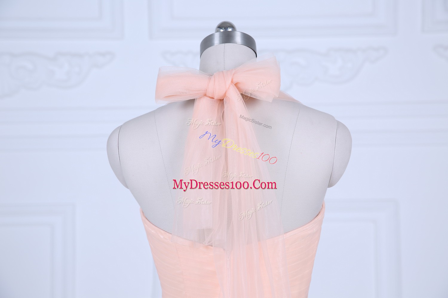 Fantastic Ruching Bridesmaid Dress Peach Zipper Sleeveless Floor Length