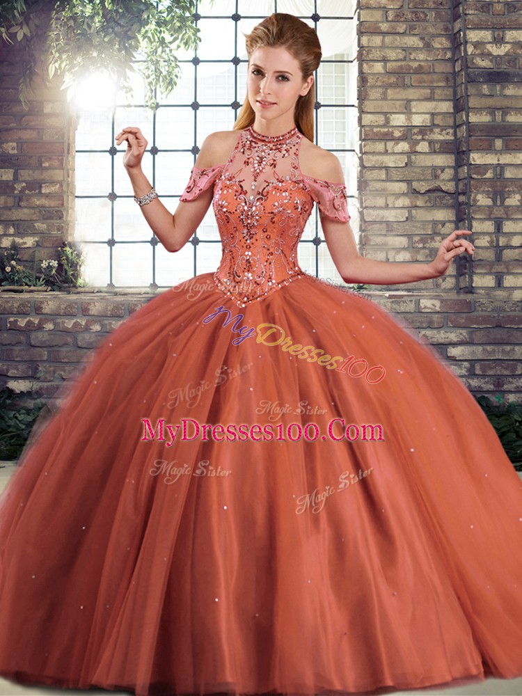 Rust Red Sweet 16 Dress Military Ball and Sweet 16 and Quinceanera with Beading Halter Top Sleeveless Brush Train Lace Up