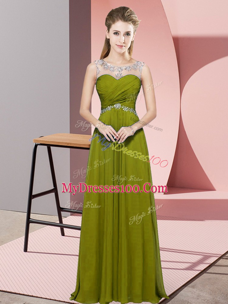 Olive Green Sleeveless Chiffon Backless Prom Party Dress for Prom and Party and Military Ball