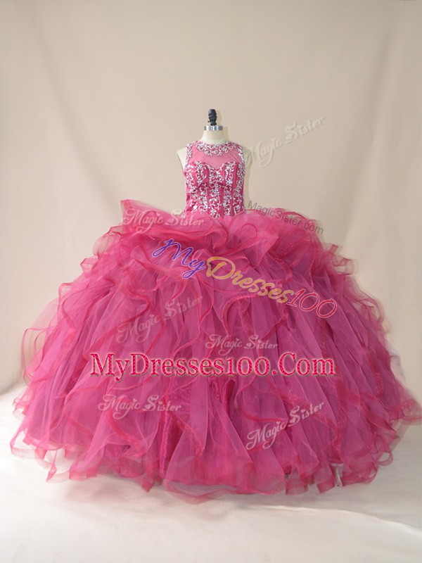 Scoop Sleeveless Vestidos de Quinceanera Brush Train Beading and Ruffles Burgundy Tulle