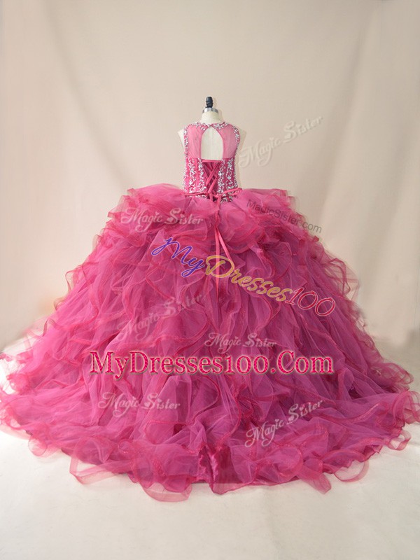 Scoop Sleeveless Vestidos de Quinceanera Brush Train Beading and Ruffles Burgundy Tulle