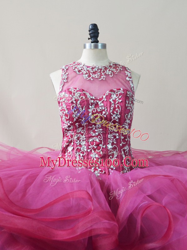 Scoop Sleeveless Vestidos de Quinceanera Brush Train Beading and Ruffles Burgundy Tulle