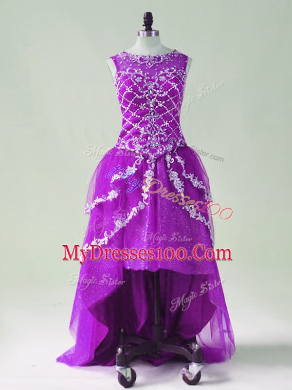 Scoop Sleeveless Prom Party Dress High Low Beading and Appliques Purple Tulle