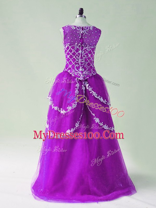 Scoop Sleeveless Prom Party Dress High Low Beading and Appliques Purple Tulle