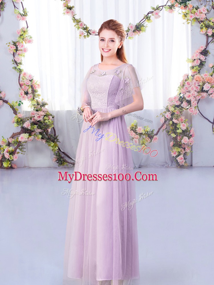 Lavender Vestidos de Damas Wedding Party with Lace and Belt Scoop Short Sleeves Side Zipper