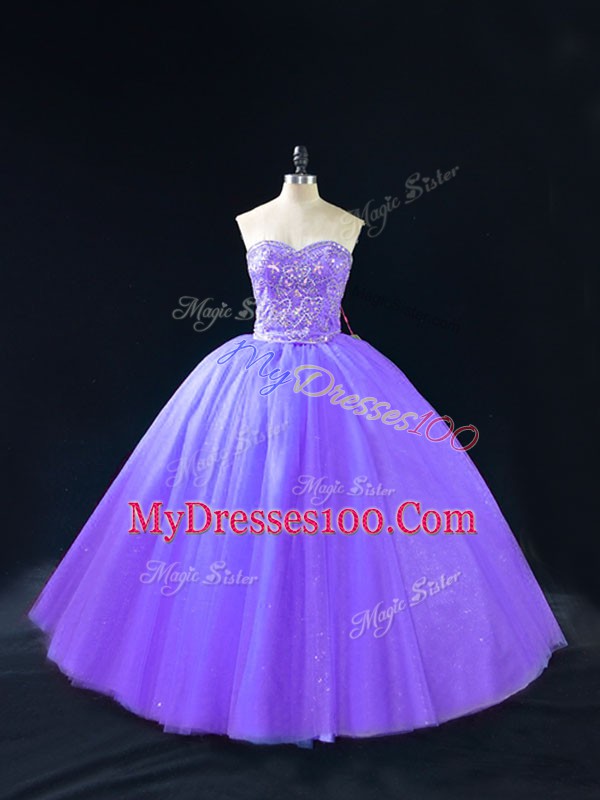 Lavender Tulle Lace Up Quinceanera Gowns Sleeveless Floor Length Beading