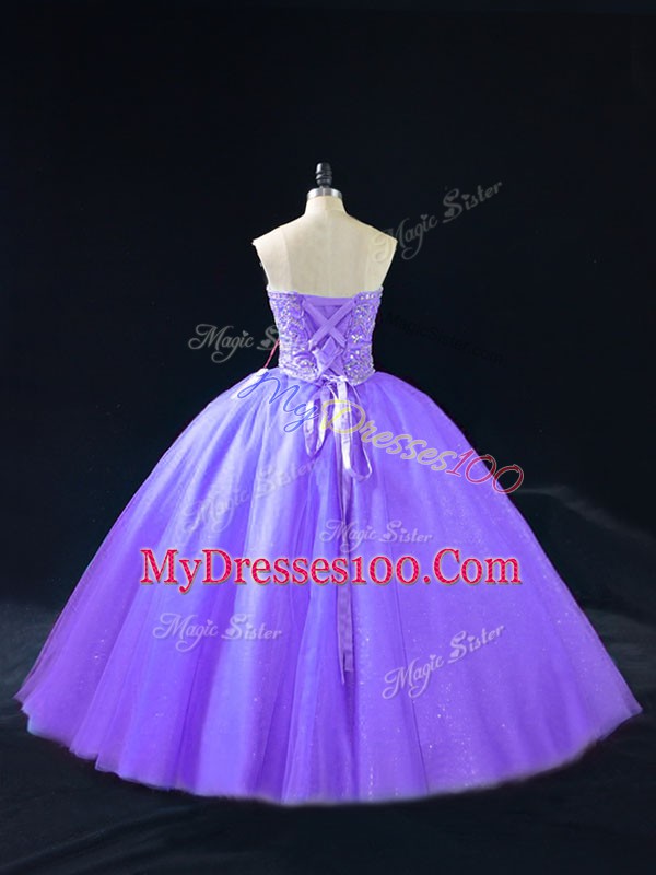 Lavender Tulle Lace Up Quinceanera Gowns Sleeveless Floor Length Beading