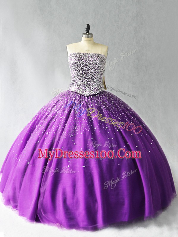 New Style Sleeveless Floor Length Beading Lace Up Quinceanera Gown with Purple