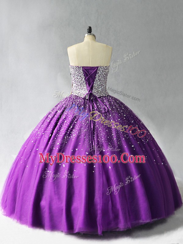 New Style Sleeveless Floor Length Beading Lace Up Quinceanera Gown with Purple