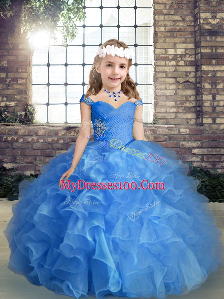 High End Blue Sleeveless Floor Length Beading and Ruching Lace Up Custom Made Pageant Dress