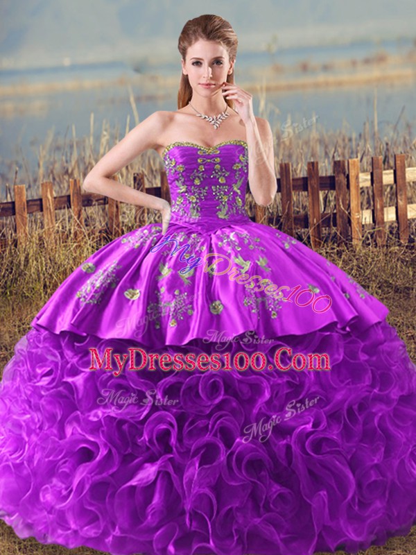 Eye-catching Eggplant Purple and Purple Fabric With Rolling Flowers Lace Up Sweet 16 Quinceanera Dress Sleeveless Brush Train Embroidery and Ruffles