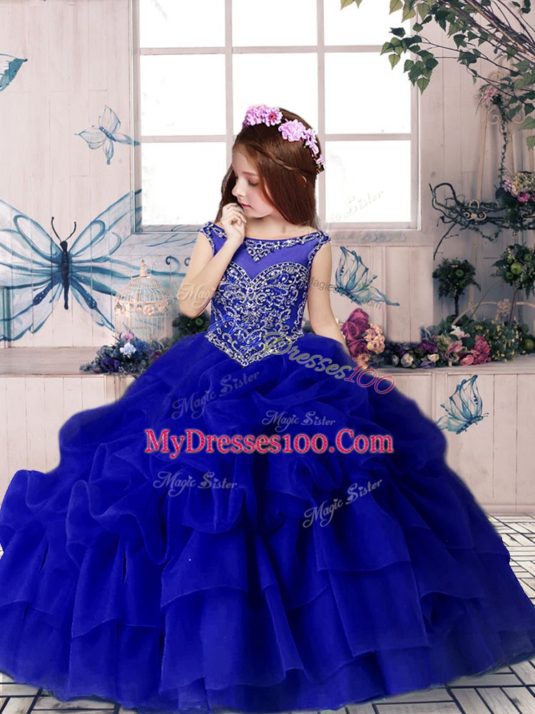 Enchanting Floor Length Royal Blue Little Girl Pageant Dress Scoop Sleeveless Zipper