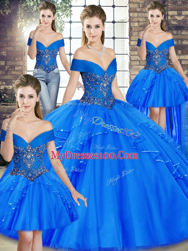 Off The Shoulder Sleeveless Quinceanera Dresses Floor Length Beading and Ruffles Royal Blue Tulle