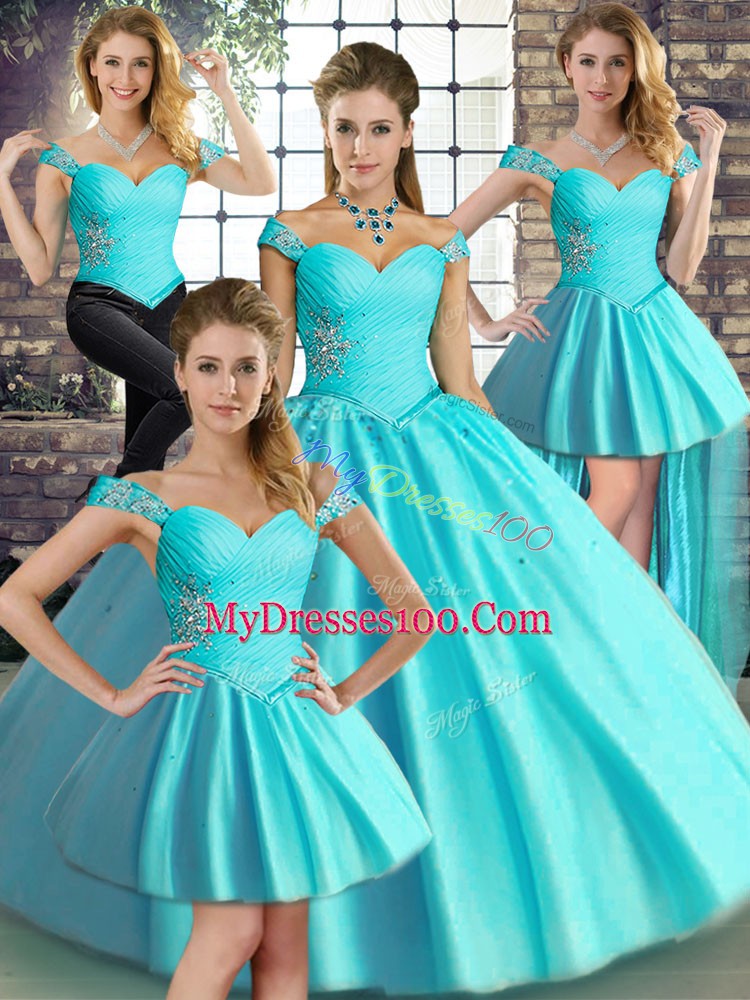 Unique Off The Shoulder Sleeveless Vestidos de Quinceanera Floor Length Beading Aqua Blue Tulle