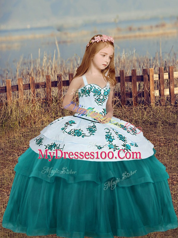 Floor Length Ball Gowns Sleeveless Teal Pageant Gowns For Girls Lace Up